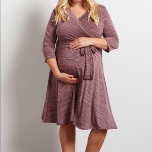Pinkblush Plus-Size Maternity Pink Heathered Faux Wrap Dress with Sash Tie